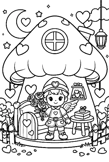 Cute Boy Cupid Standing by a Decorated Heart House Valentine's Coloring Printable