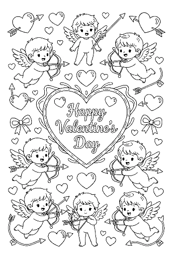 Hearts Cupids Coloring Page Printable