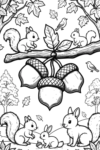 Cute Squirrels Gathering Acorns on a Tree Branch Coloring Sheet Printable