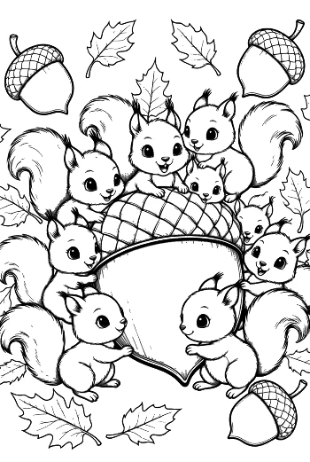 Group of Small Squirrels Climbing a Big Acorn Coloring Sheet Printable