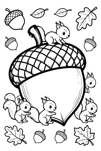 Große Dekorative Eichel mit Winzigen Eichhörnchen Malvorlage zum Ausdrucken