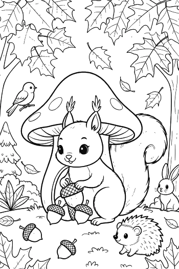 Little Squirrel Sitting Under a Large Mushroom Coloring Page Printable