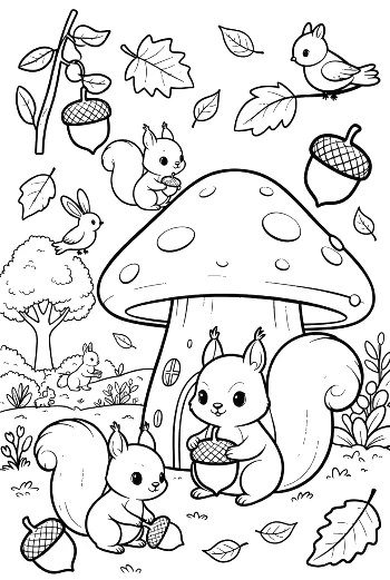 Magical Forest Scene with a Squirrel and Mushroom Coloring Sheet Printable