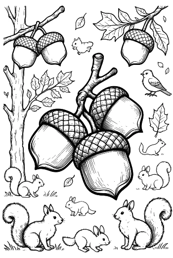 Simple Acorn and Oak Leaf Fall Season Coloring Activity Printable
