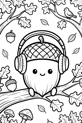 Smiling Acorn with Headphones in a Forest Setting Coloring Page Printable