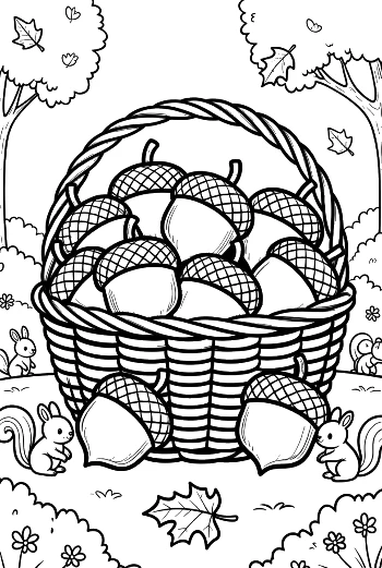 Wicker Basket Filled with Autumn Acorns Coloring Page Printable