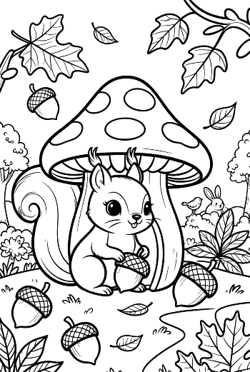 Woodland Squirrel Holding an Acorn by a Toadstool Coloring Sheet Printable