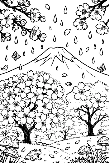 Blooming Trees and Flowers Under a Rainy Mountain Printable