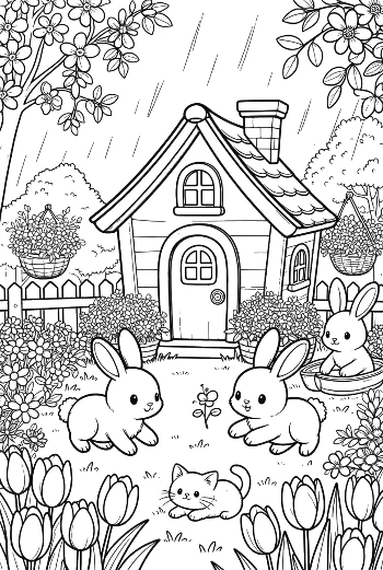 Cute Bunnies in a Rainy Garden by a Cottage Printable