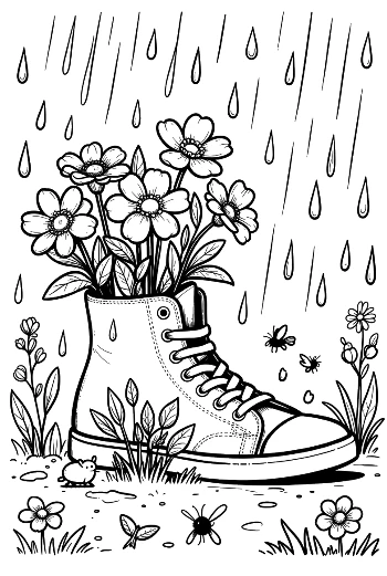 Cute Flowers Rain Coloring Page Printable