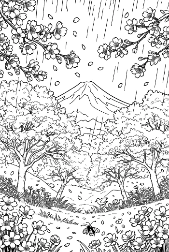 Forest Trail with Blooming Flowers in the Rain Printable
