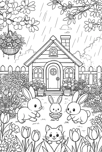 Free Flowers Rain Coloring Page Printable
