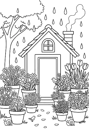 Garden House Entrance with Flowers and Raindrops Printable
