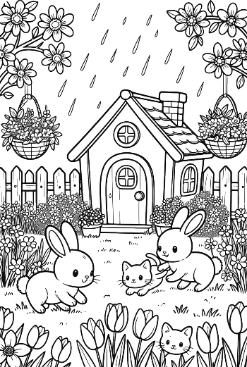 Little Rabbits Playing in the Rain Near a Cabin Printable
