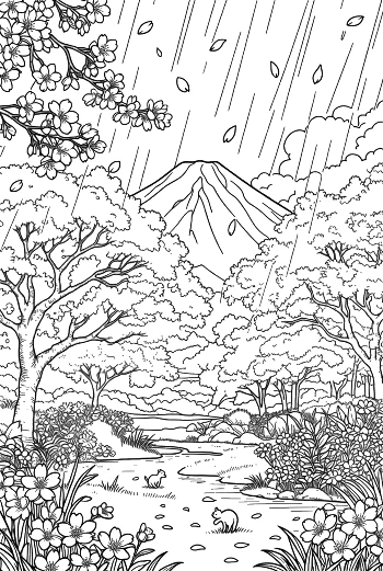 Mountain Valley Scenery with Rain and Spring Blossoms Printable