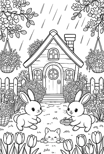 Rabbits Under a Rainy Sky by a Flowery House Printable