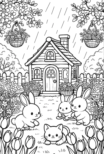 Spring Rain Scene with Bunnies and a Cottage Printable