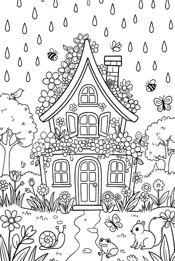 Whimsical Garden Cottage with Raindrops Falling Printable