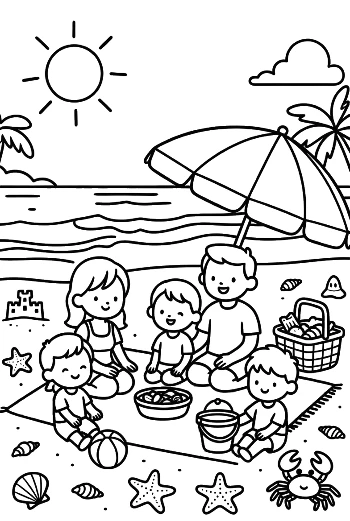 Beach Picnic Activity Page with Shells and Starfish Coloring Sheet Printable