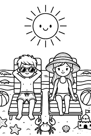 Boy and Girl Relaxing on Beach Chairs Under a Big Sun Coloring Sheet Printable