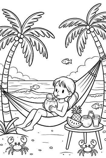 Child Relaxing in a Hammock on a Tropical Island Coloring Sheet Printable