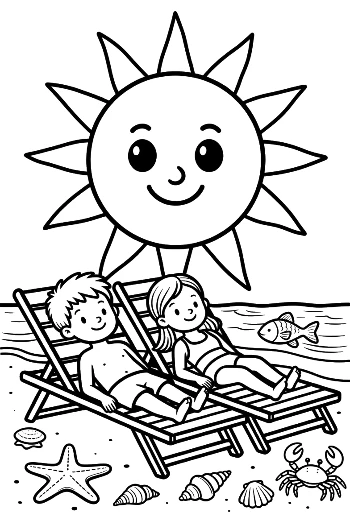 Children Sunbathing on the Sand with a Smiling Sun Coloring Page Printable