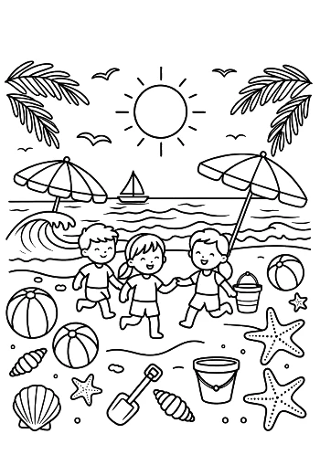 Family Fun on a Tropical Beach with Palm Trees Coloring Page Printable