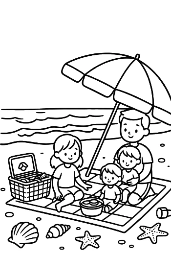 Kids and Parents Enjoying a Picnic at the Sunny Shore Coloring Page Printable