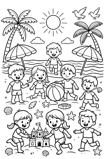 Kids Enjoying Summer Vacation at the Beach Coloring Activity Printable