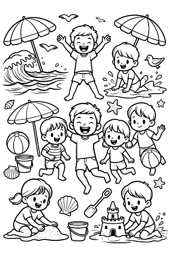 Little Boy and Girl Jumping in the Ocean Waves Coloring Page Printable