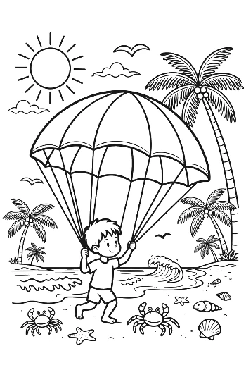 Little Boy Flying a Parachute Over the Tropical Sea Coloring Sheet Printable