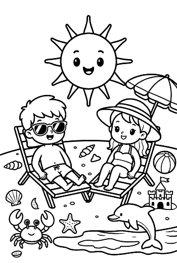 Summer Relaxation at the Beach with Kids and Beach Toys Coloring Sheet Printable
