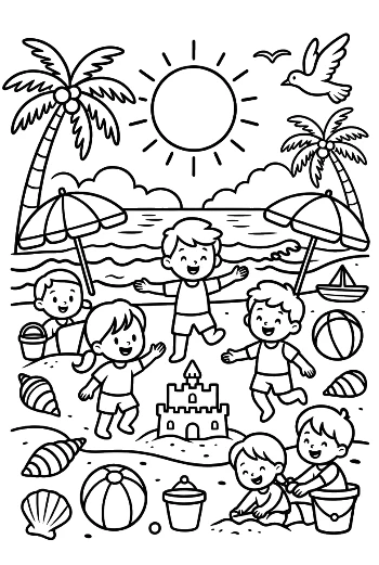 Toddlers Playing with Buckets and Shovels at the Seashore Coloring Sheet Printable