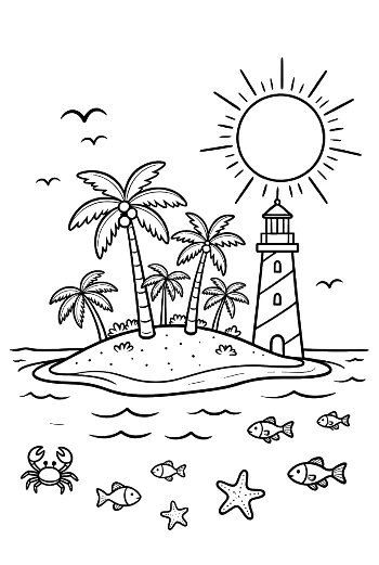 Tropical Island with Palm Trees and a Small Lighthouse Coloring Sheet Printable