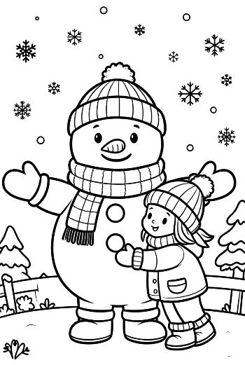 Boy and Girl Playing with a Tall Snowman in the Backyard Coloring Sheet Printable