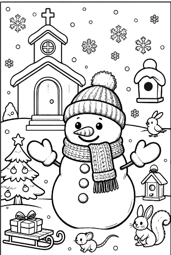 Charming Snowman by a Small Church with Forest Friends Coloring Sheet Printable