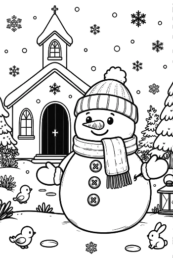 Happy Snowman in Front of a Winter Church with Falling Snow Coloring Sheet Printable