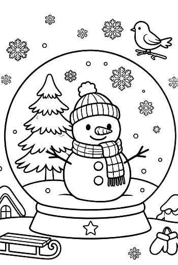 Snowman Inside a Crystal Snow Globe with Pine Trees and Falling Snowflakes Coloring Page Printable