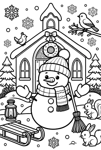Snowman Near a Rustic Church with a Sled and Winter Birds Coloring Page Printable