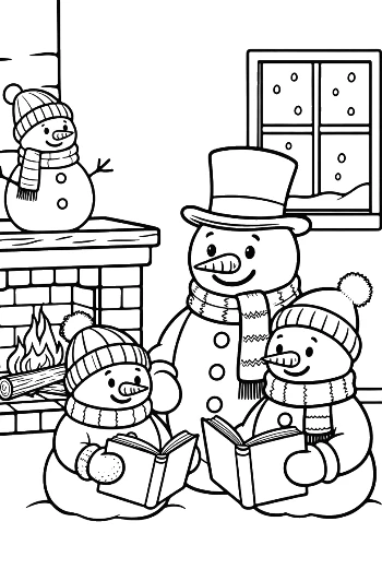 Snowman Parents Reading a Book to Their Snow Child by the Hearth Coloring Sheet Printable