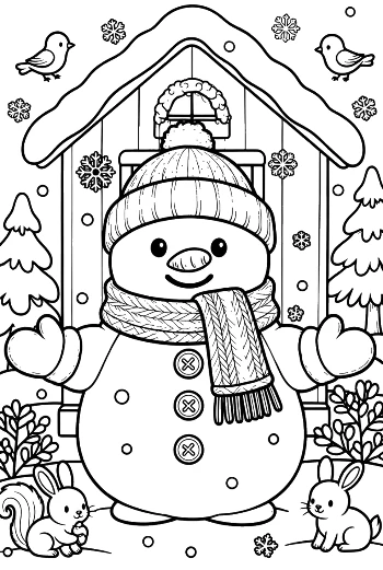 Snowman Standing by a Village Chapel with Birds and Bunnies Coloring Page Printable