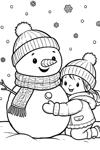 Toddler Girl Hugging Her Snowman Friend on a Snowy Day Coloring Page Printable