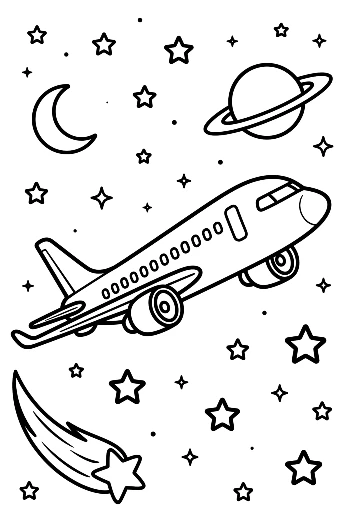 Commercial Jet Flying Past Moons and Falling Stars Printable