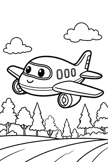 Cute Cartoon Airplane Flying Over Rolling Hills Printable