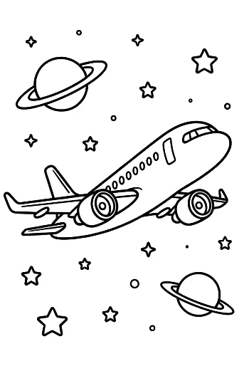 Jet Plane Cruising Through a Galaxy of Planets Printable