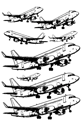Lineup of Sleek Passenger Planes Taking Off