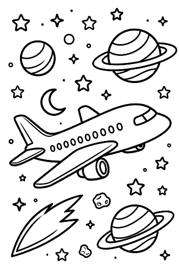Passenger Plane Flying Through Outer Space with Planets Printable