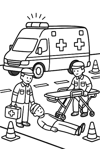 Emergency Medical Scene with a Rescue Van and Crew Printable