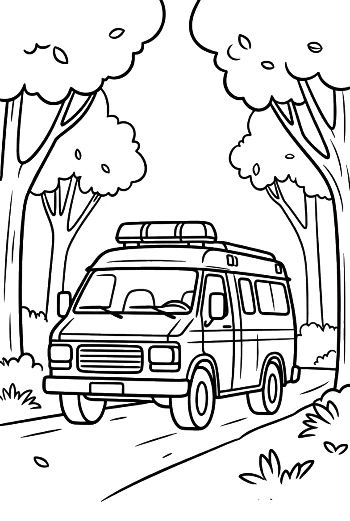 Front View of a Rescue Van in the Deep Woods Printable