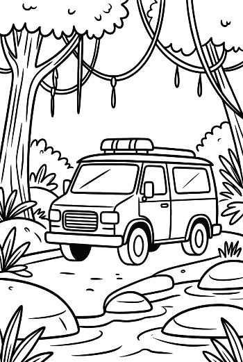 Rescue Van Crossing a Rocky Stream in the Jungle Printable